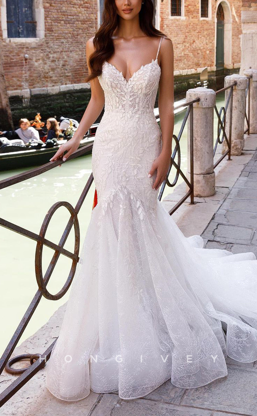 H1212 - Sexy Trumpt V-Neck Spaghetti Straps Empire Appliques Tulle Train Wedding Dress - Fashionpara