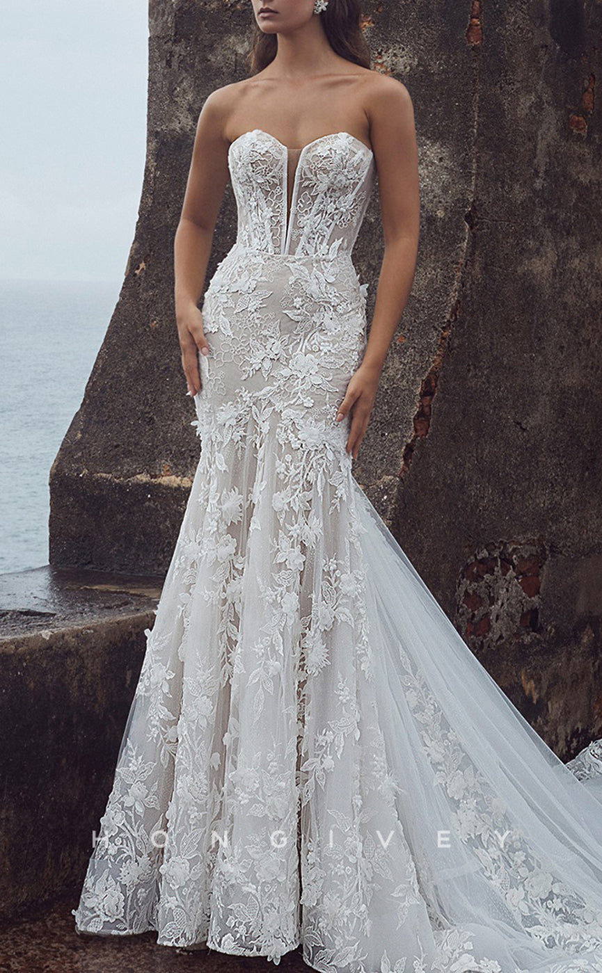 H1218 - Sexy Trumpt Lace Sweetheart Strapless Sleeveless Empire Appliques With Train Wedding Dress - Fashionpara