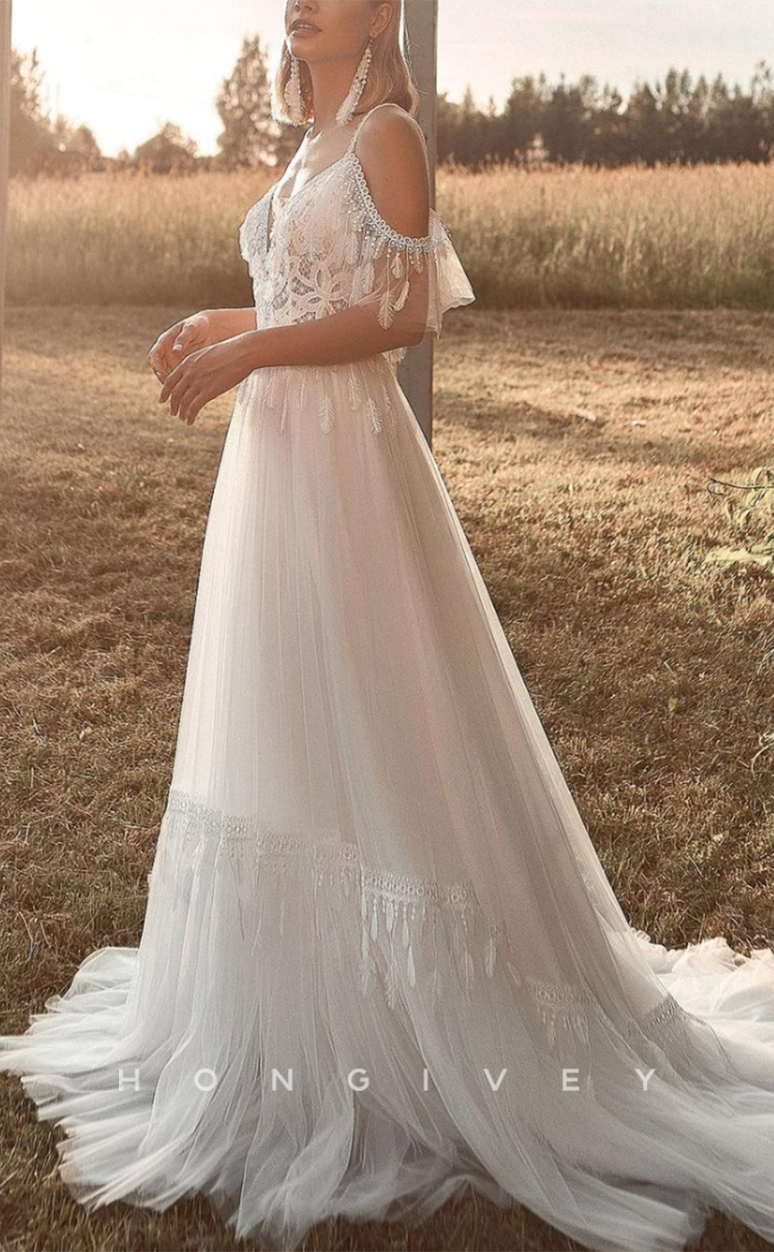 H1224 - Sexy Tulle A-Line Off-Shoulder Illusion Appliques Beaded Feathers With Train Boho Wedding Dress - Fashionpara