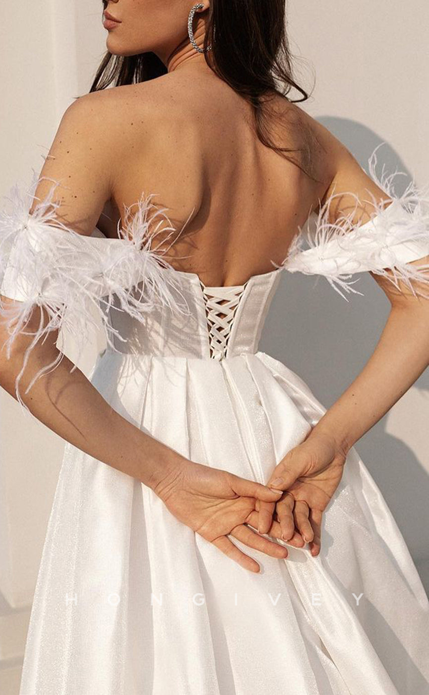 H1250 - Sexy Satin A-Line Off-Shoulder Empire Ruched Feathers With Side Slit Train Wedding Dress - Fashionpara