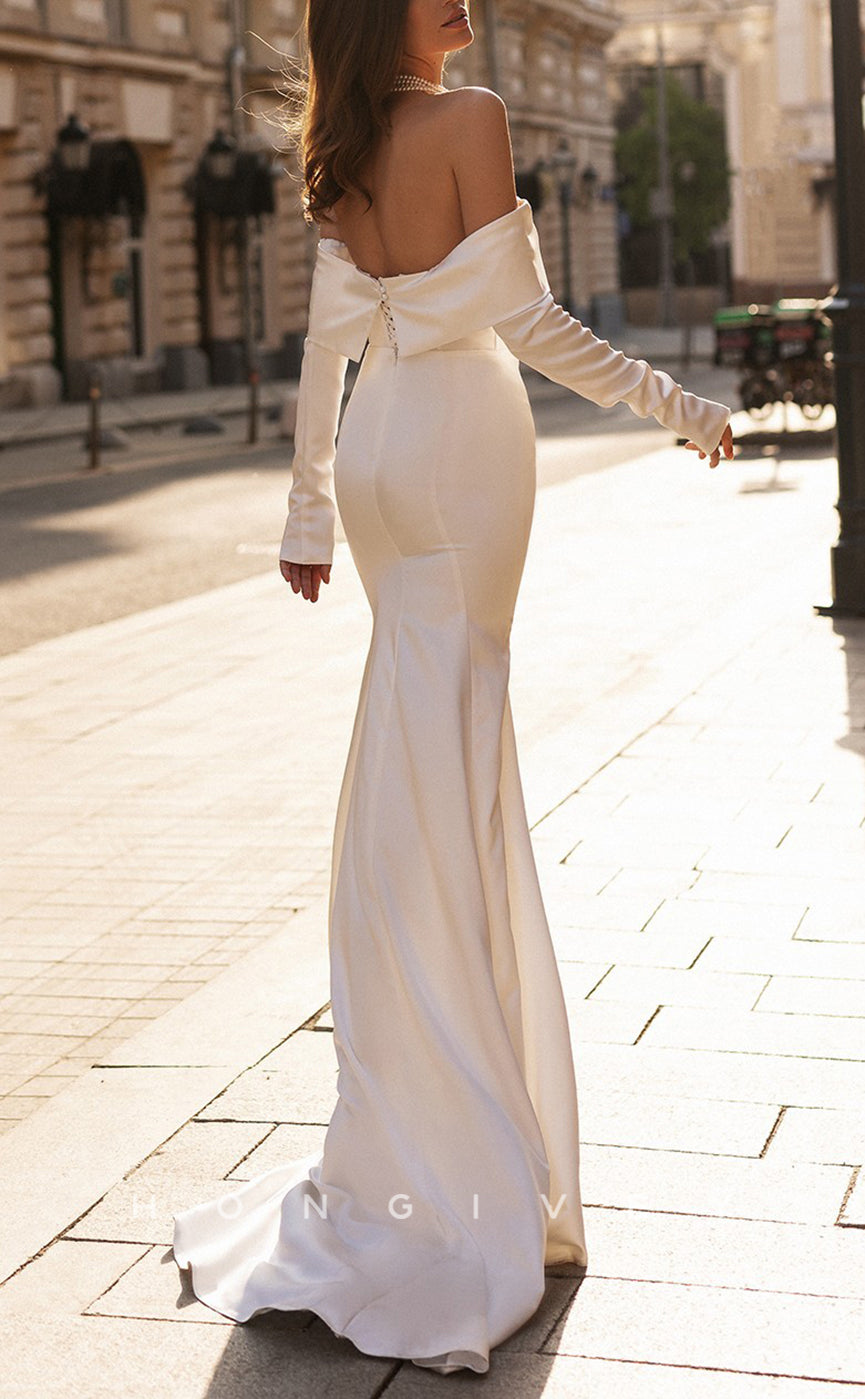 H1301 - Sexy Satin Trumpt Off-Shoulder Long Sleeve Empire With Train Beach Wedding Dress - Fashionpara