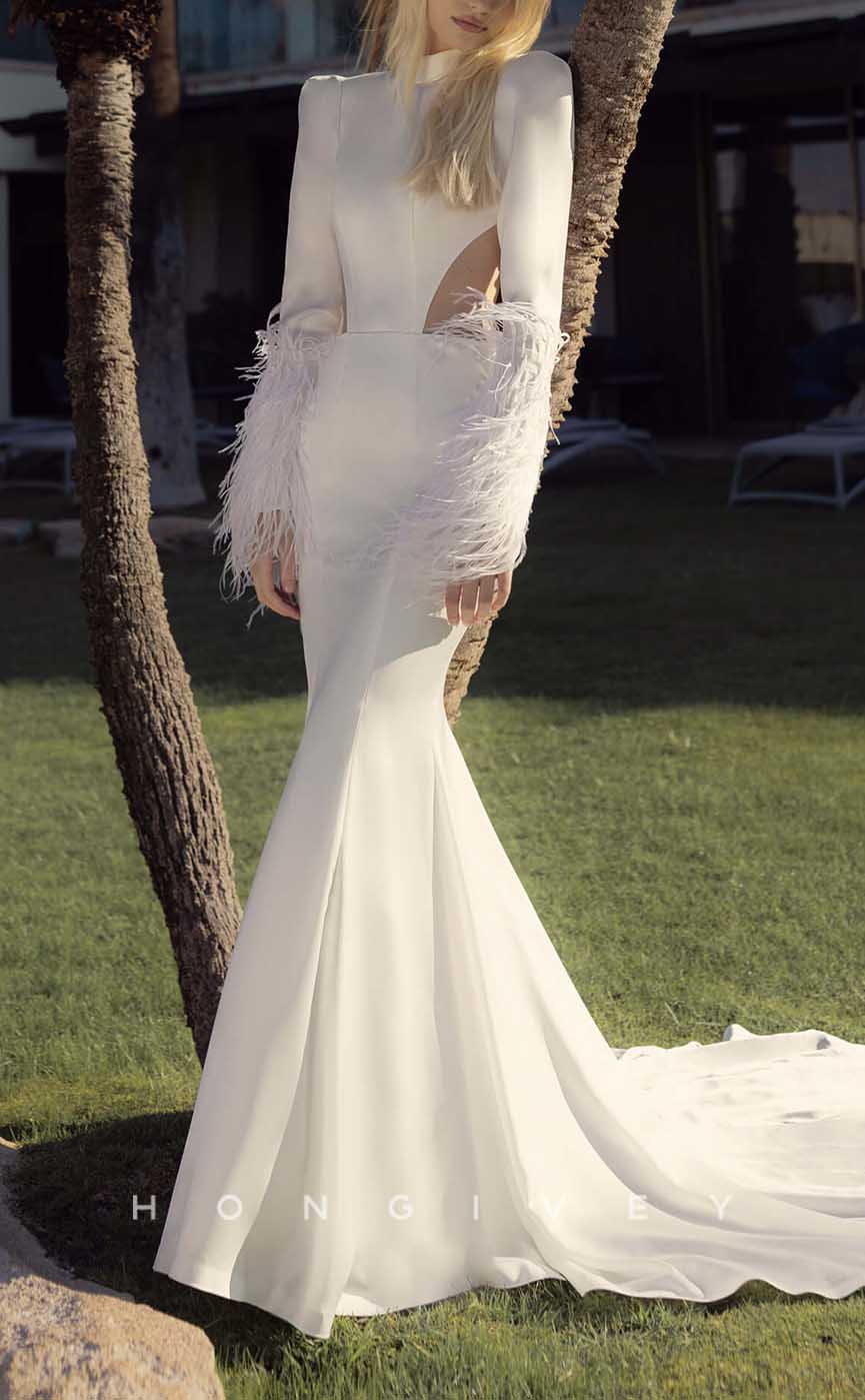 H1337 - Sexy Satin Trumpt High Neck Long Sleeves Empire Backless Feathers With Train Wedding Dress - Fashionpara