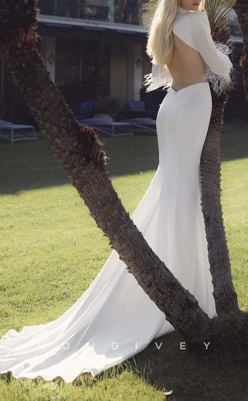 H1337 - Sexy Satin Trumpt High Neck Long Sleeves Empire Backless Feathers With Train Wedding Dress - Fashionpara