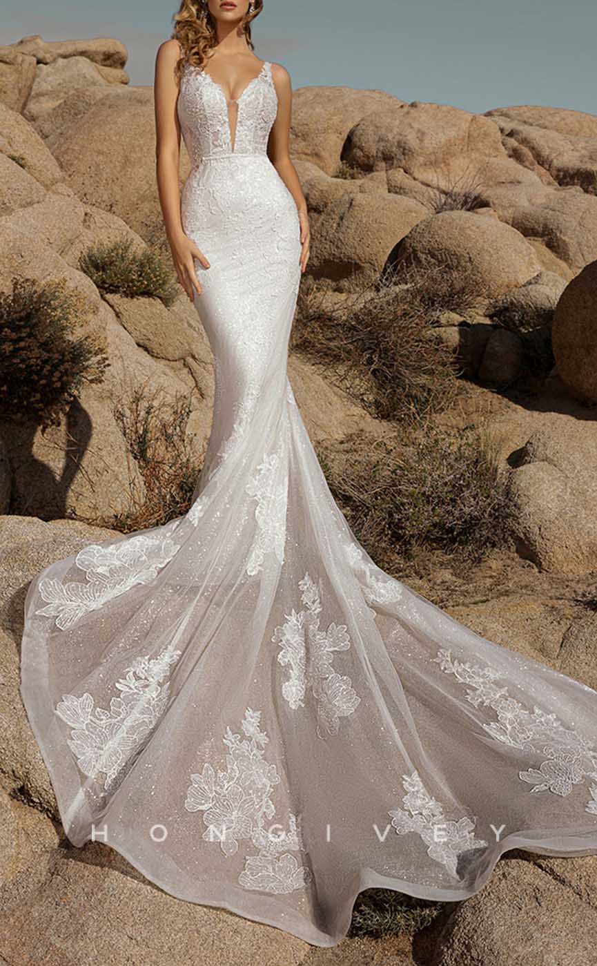 H1338 - Sexy Glitter Trumpt V-Neck Spaghetti Straps Empire Appliques With Tulle Train Wedding Dress - Fashionpara