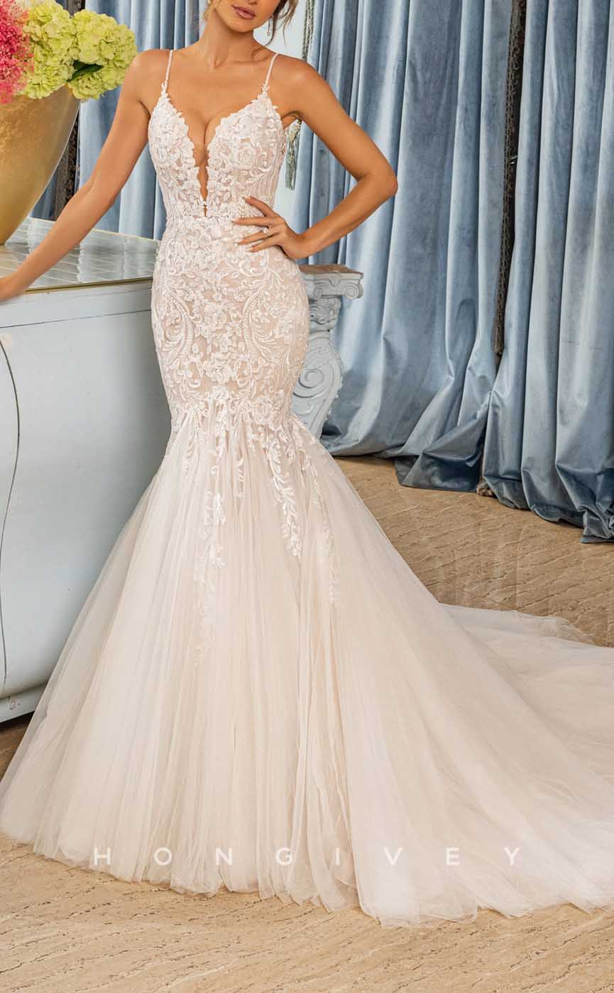 H1339 - Sexy Satin Trumpt V-Neck Spaghetti Straps Empire Appliques With Tulle Train Wedding Dress - Fashionpara