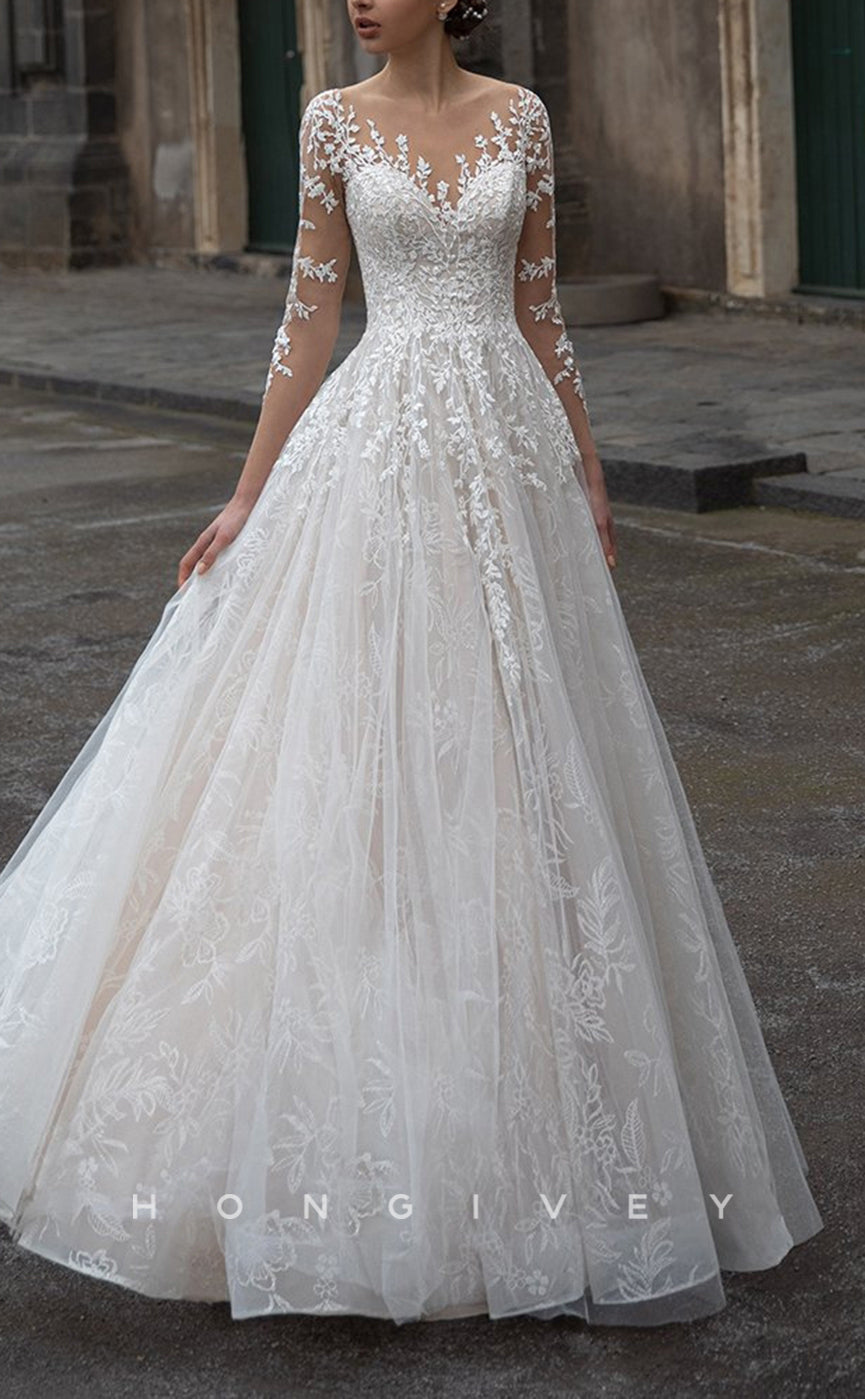 H1440 - Sexy Satin A-Line Sweetheart Lace Long Sleeve Empire Appliques With Train Wedding Dress - Fashionpara