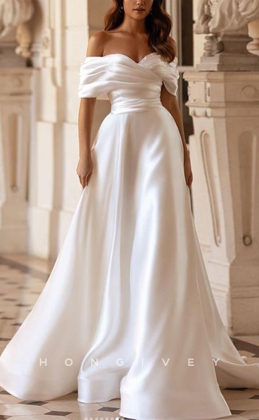 H1509 - Sexy Satin Off-Shoulder Empire Ruched Appliques With Detachable Overskirt Train Wedding Dress - Fashionpara