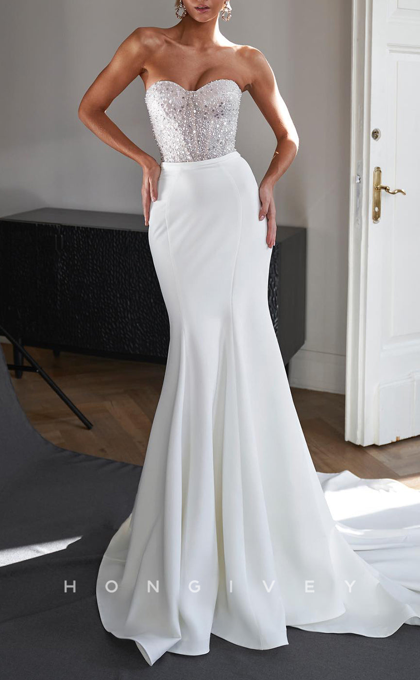 H1525 - Sexy Satin Trumpet Sweetheart Strapless Empire Beaded Sequined With Train Beach Wedding Dress - Fashionpara