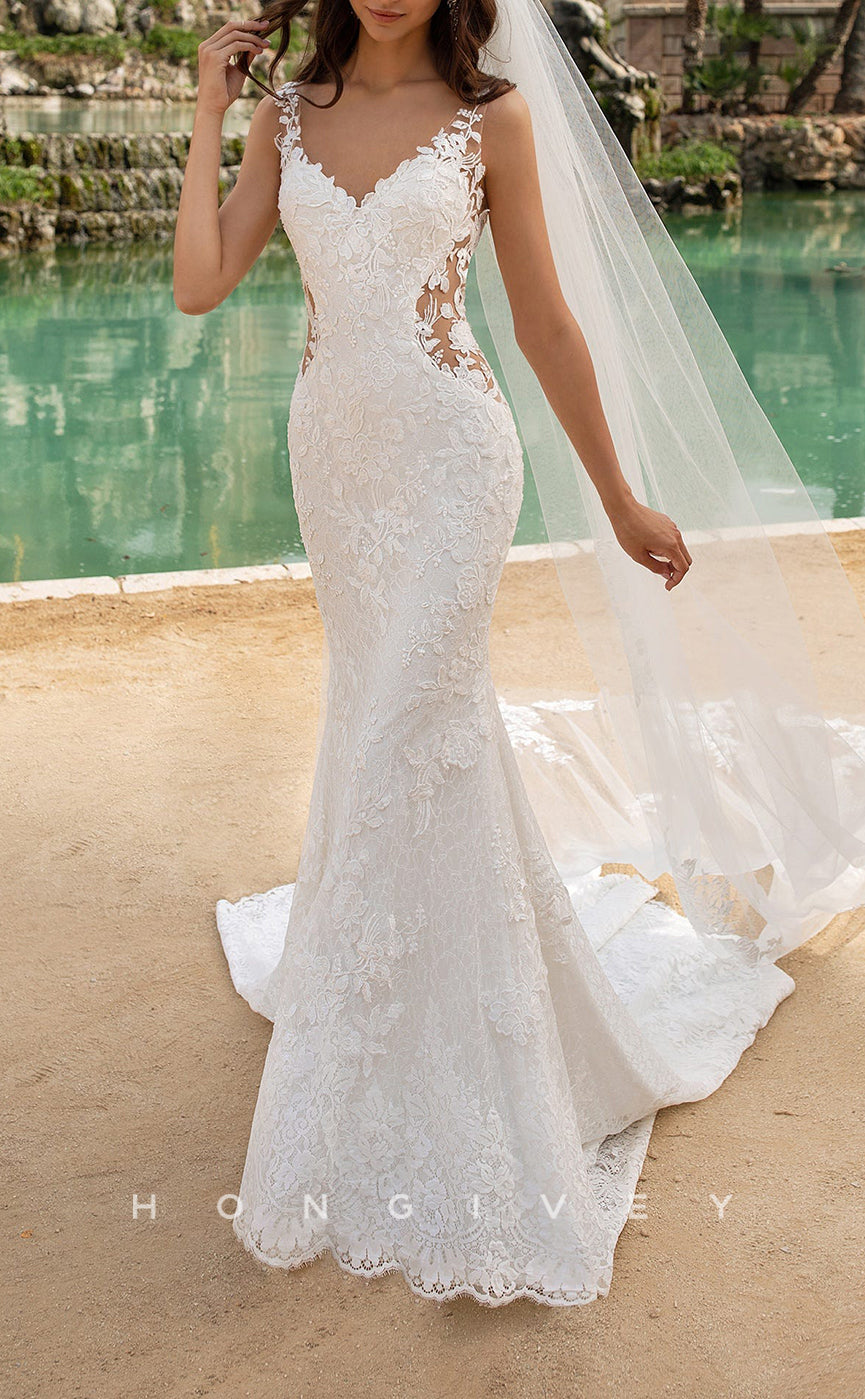 H1532 - Sexy Lace Trumpet V-Neck Spaghetti Straps Illusion Empire Appliques With Train Wedding Dress - Fashionpara
