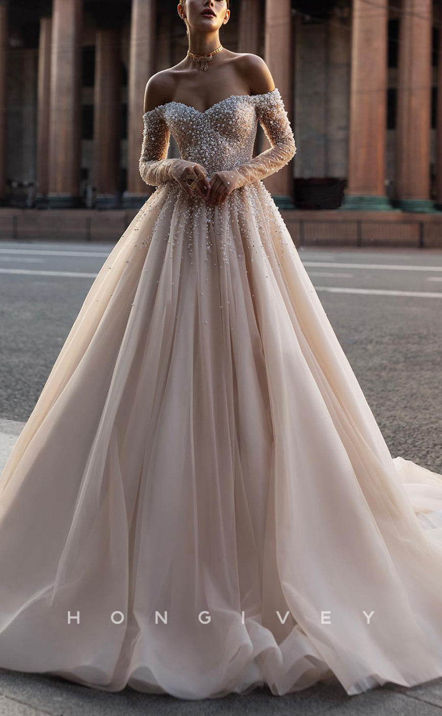 H1555 - Chic Tulle A-Line Off-Shoulder Long Sleeve Empire Beaded With Train Wedding Dress - Fashionpara