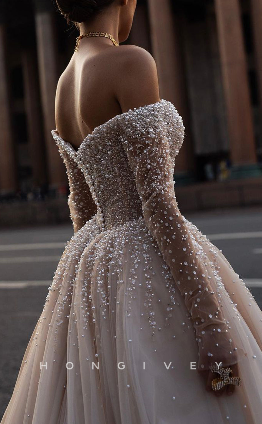 H1555 - Chic Tulle A-Line Off-Shoulder Long Sleeve Empire Beaded With Train Wedding Dress - Fashionpara