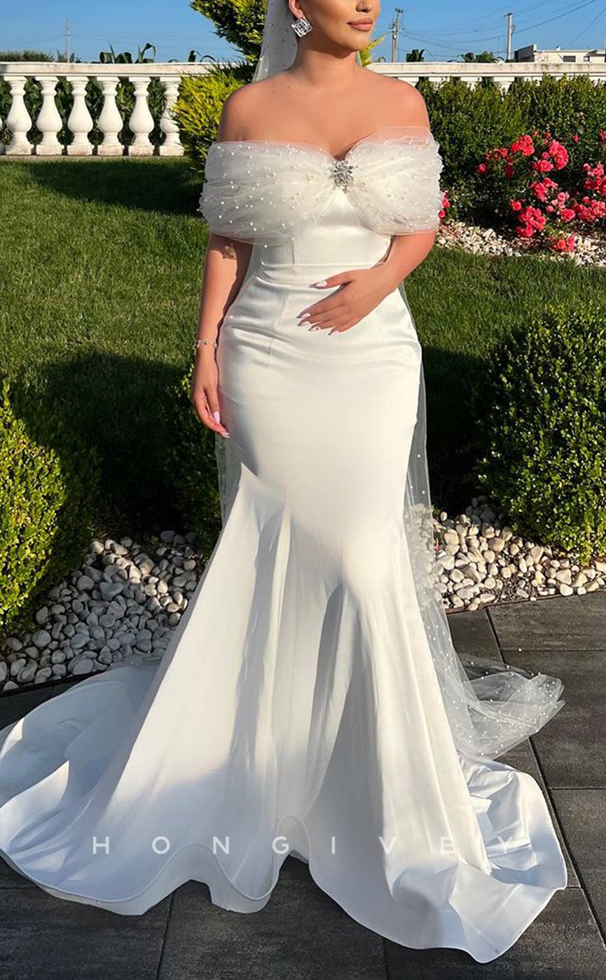 H1591 - Satin Trumpet Elegant Off-Shoulder Empire Pearls With Train Beach Wedding Dress - Fashionpara