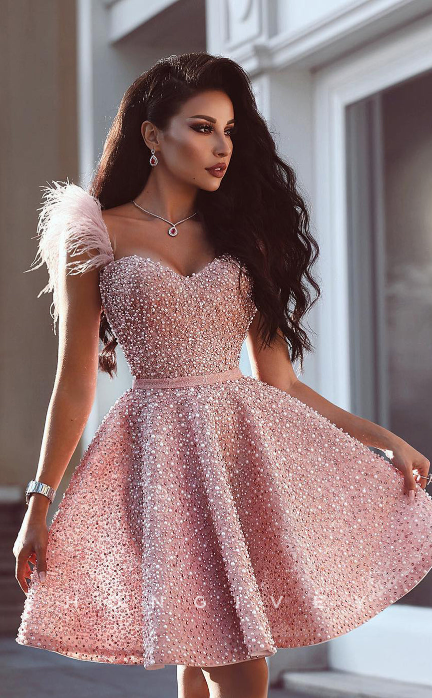 H1602 - Pink Feathered Embellished Fully Beaded Homecoming Party Dress - Fashionpara