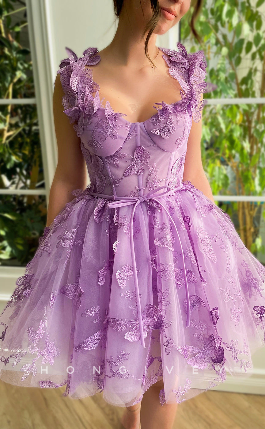 H1606 - Fully Butterfly Floral Embroidered Strappy Lace-Up Back Homecoming Graduation Dress - Fashionpara