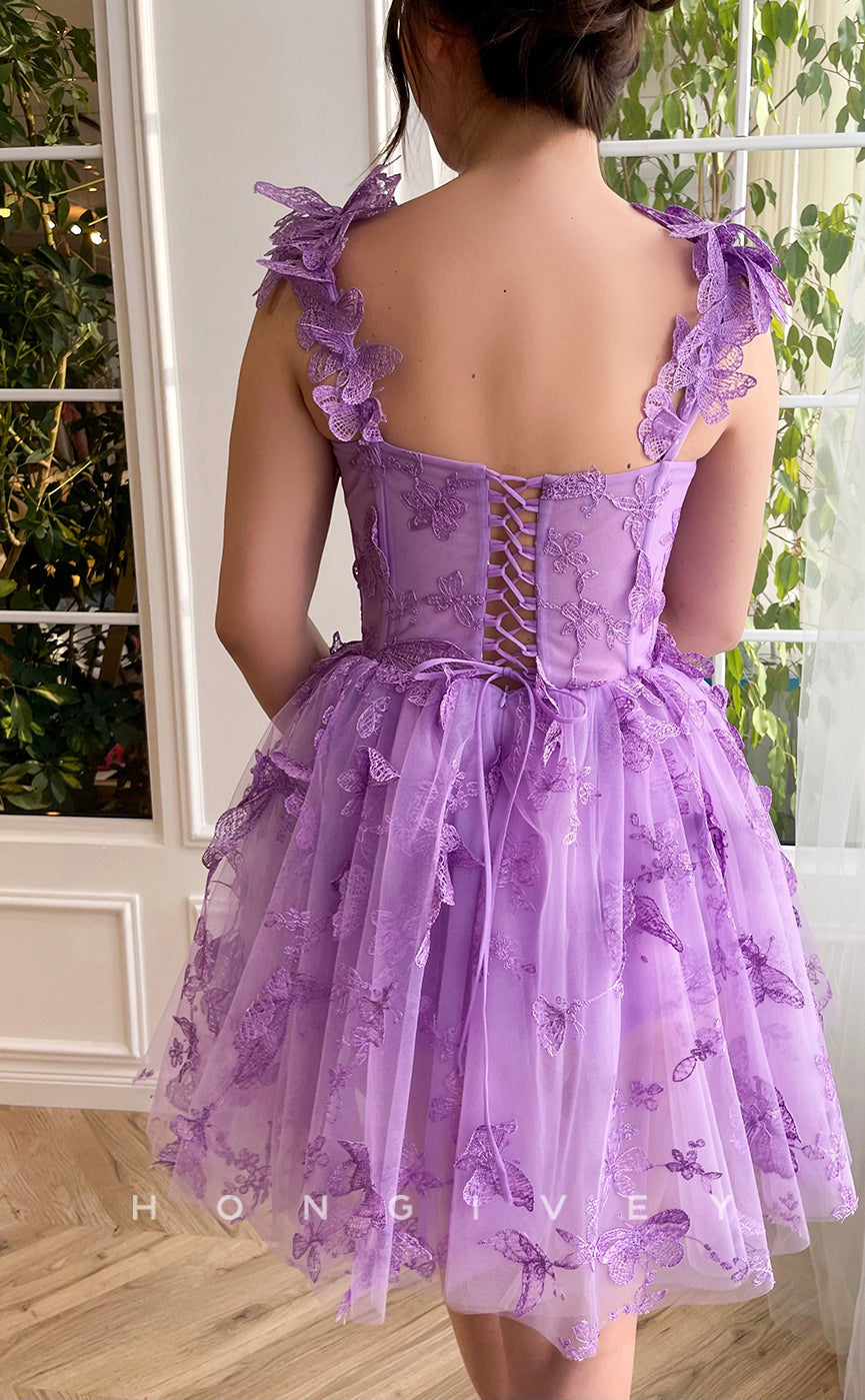 H1606 - Fully Butterfly Floral Embroidered Strappy Lace-Up Back Homecoming Graduation Dress - Fashionpara