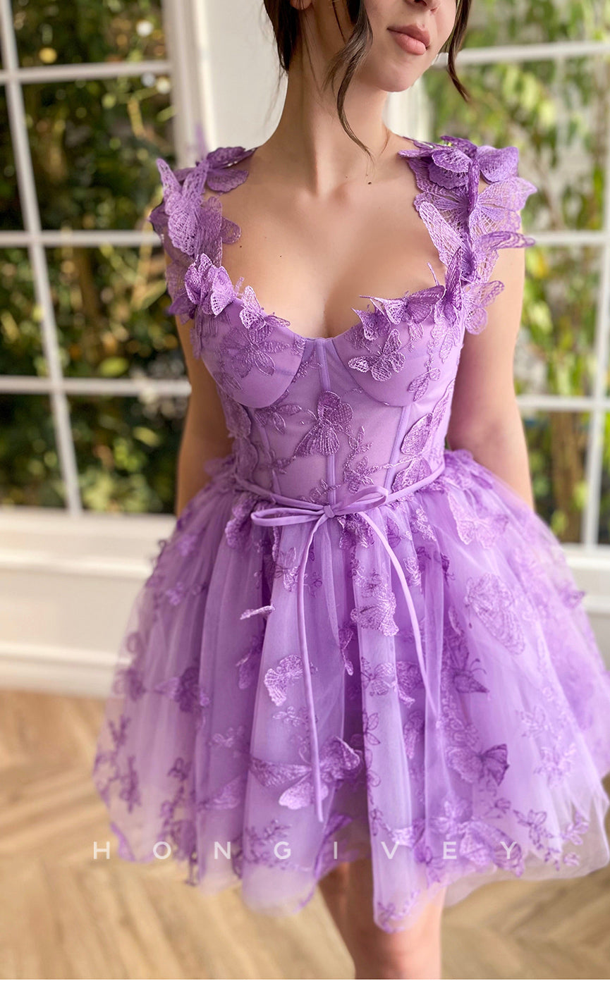 H1606 - Fully Butterfly Floral Embroidered Strappy Lace-Up Back Homecoming Graduation Dress - Fashionpara