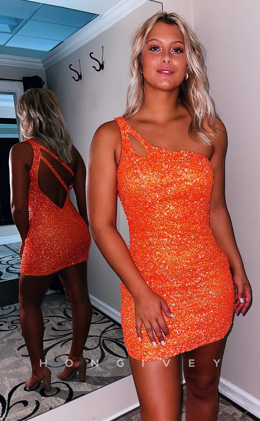 H1611 - Sparkly Asymmtrical Fully Sequined Sleeveless Cutout Multicolour Homecoming Dress - Fashionpara