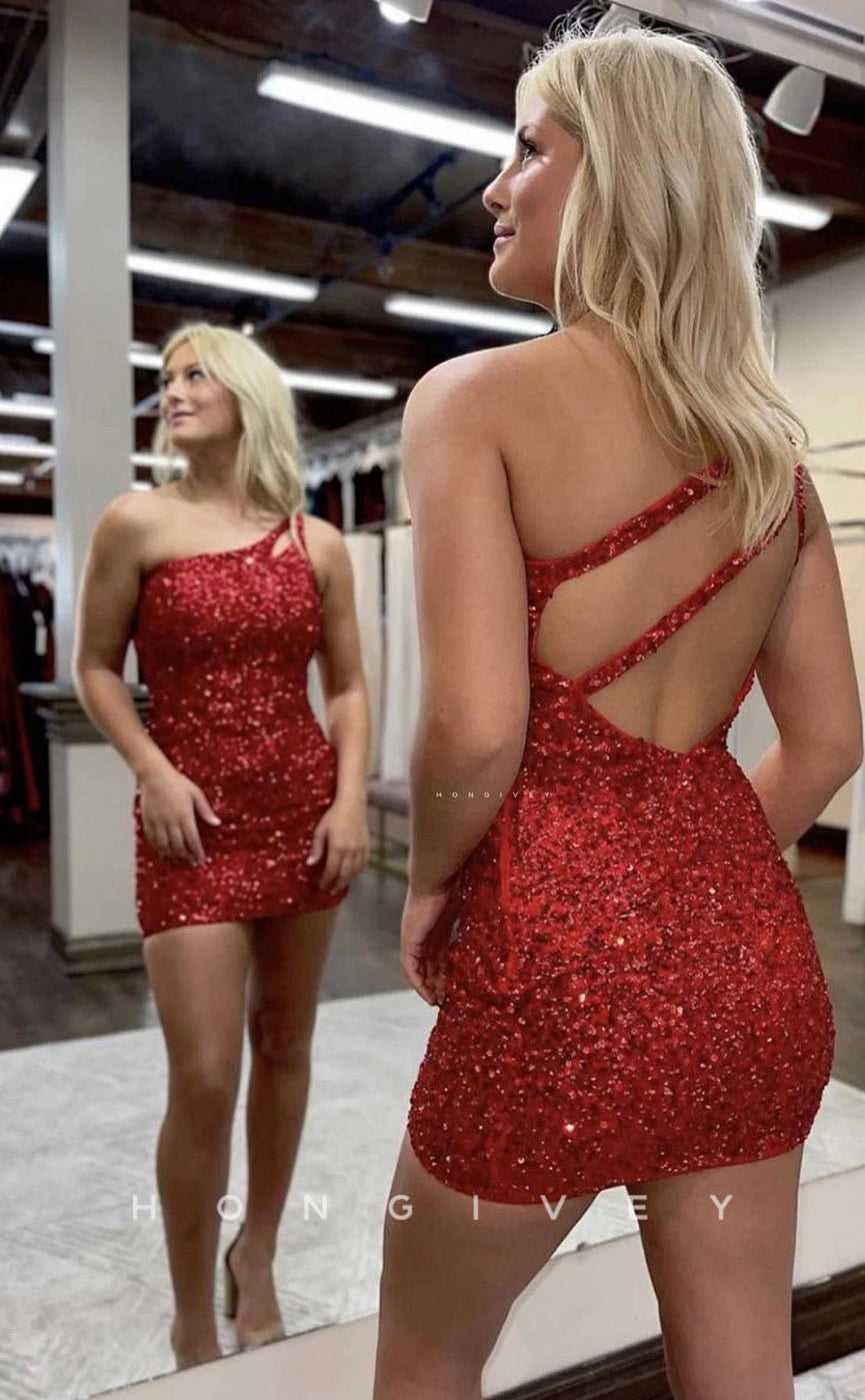 H1611 - Sparkly Asymmtrical Fully Sequined Sleeveless Cutout Multicolour Homecoming Dress - Fashionpara