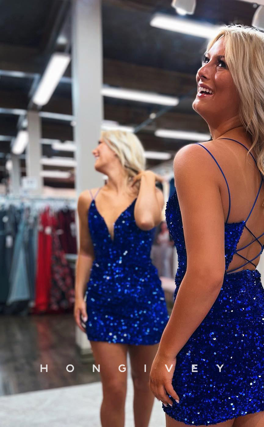 H1614 - Sparkly Fully Sequined Plunging Illusion Strappy Crisscross Homecoming Party Dress - Fashionpara