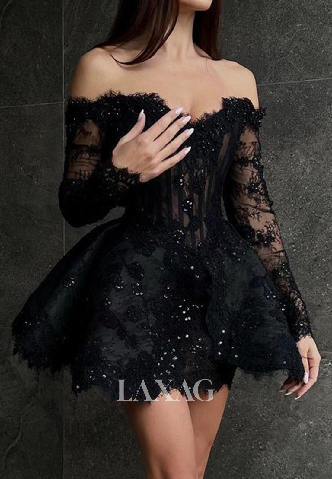 Sweetheart Off-Shoulder Long-Sleeves Sheer Lace Beaded Short A-Line Homecoming Dress