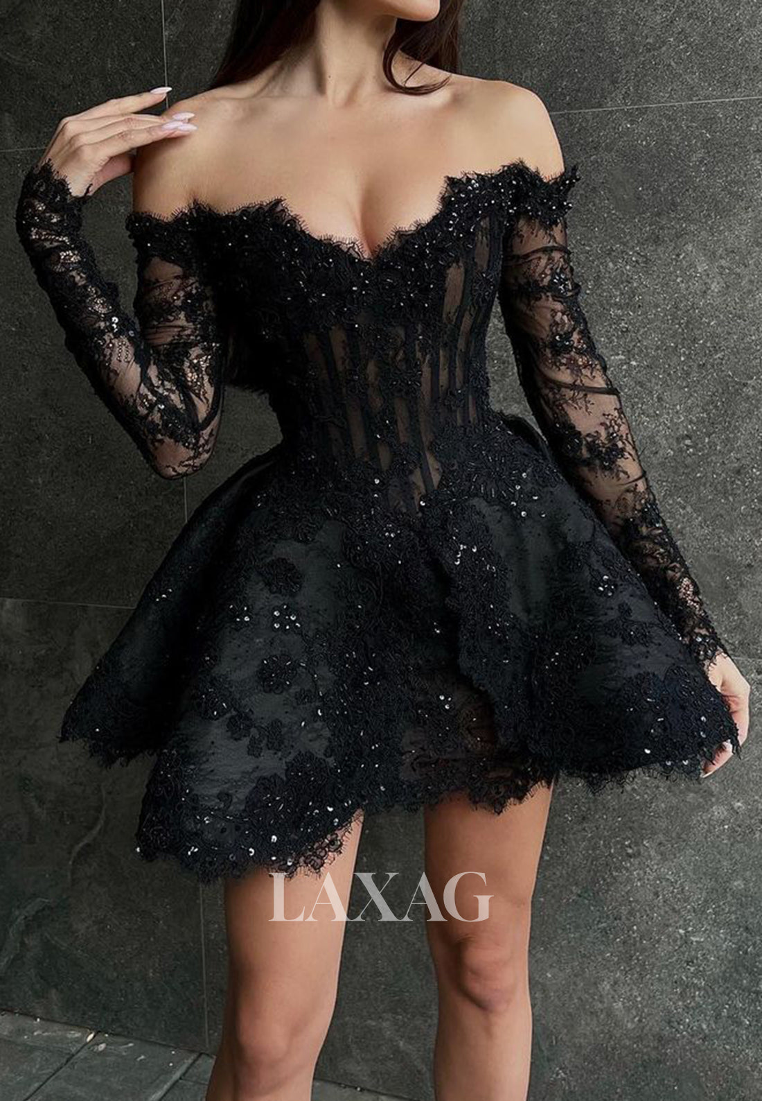 Sweetheart Off-Shoulder Long-Sleeves Sheer Lace Beaded Short A-Line Homecoming Dress - Fashionpara