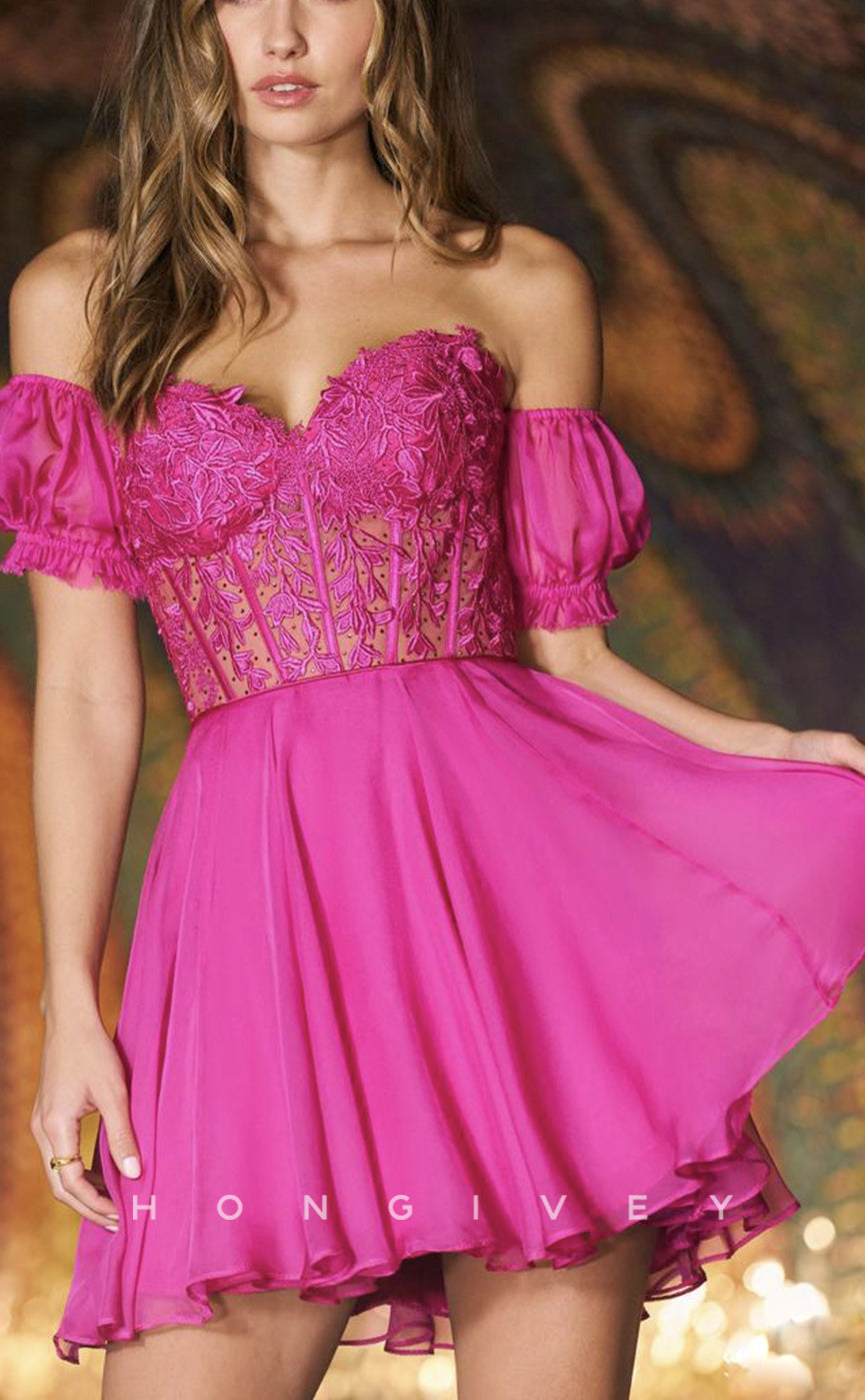 H1621 - Floral Appliqued Illusion lace-Up Back Homecoming Party Dress - Fashionpara