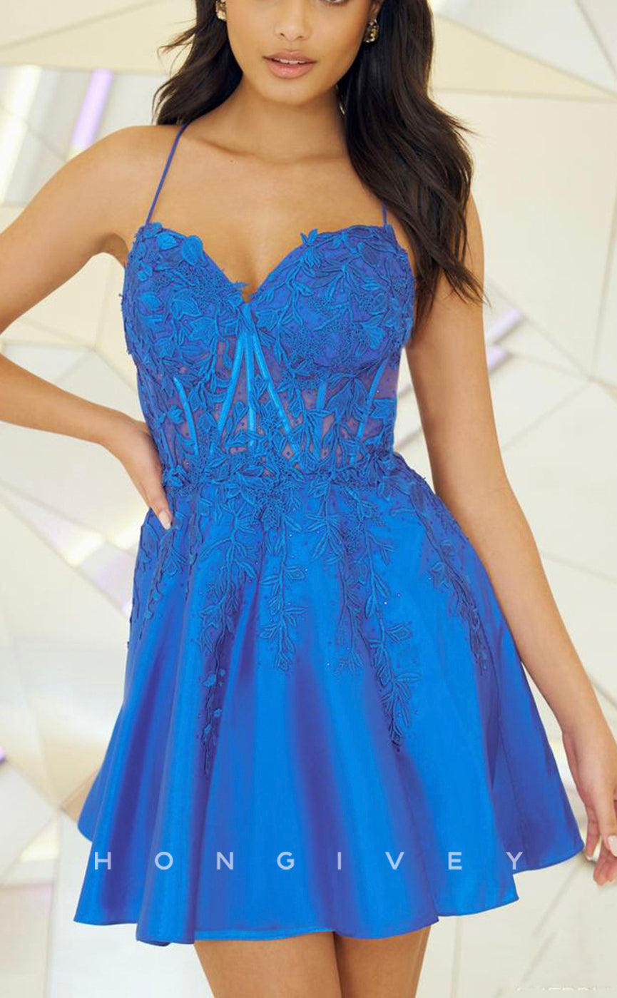 H1622 - Foliage Floral Appliqued Illusion lace-Up Back Homecoming Party Dress - Fashionpara
