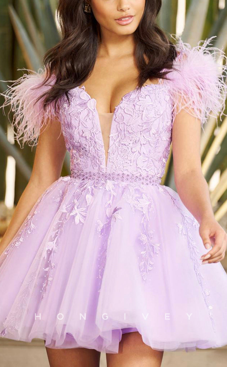H1623 - Floral Appliqued Plunging Illusion Feathered Homecoming Graduation Dress - Fashionpara