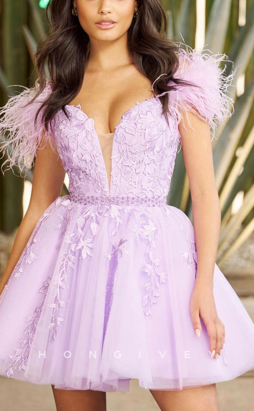 H1623 - Floral Appliqued Plunging Illusion Feathered Homecoming Graduation Dress - Fashionpara
