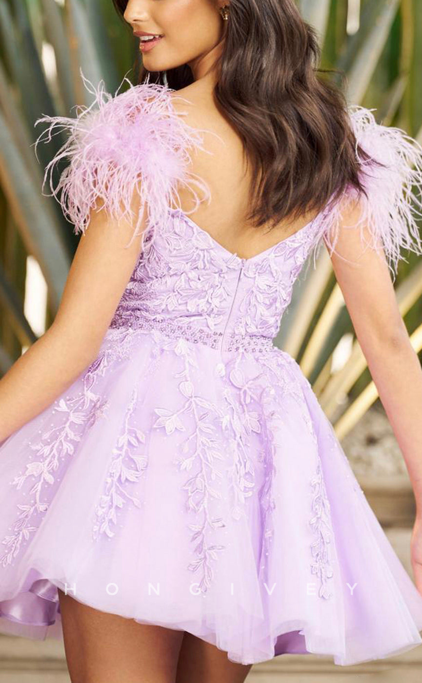 H1623 - Floral Appliqued Plunging Illusion Feathered Homecoming Graduation Dress - Fashionpara