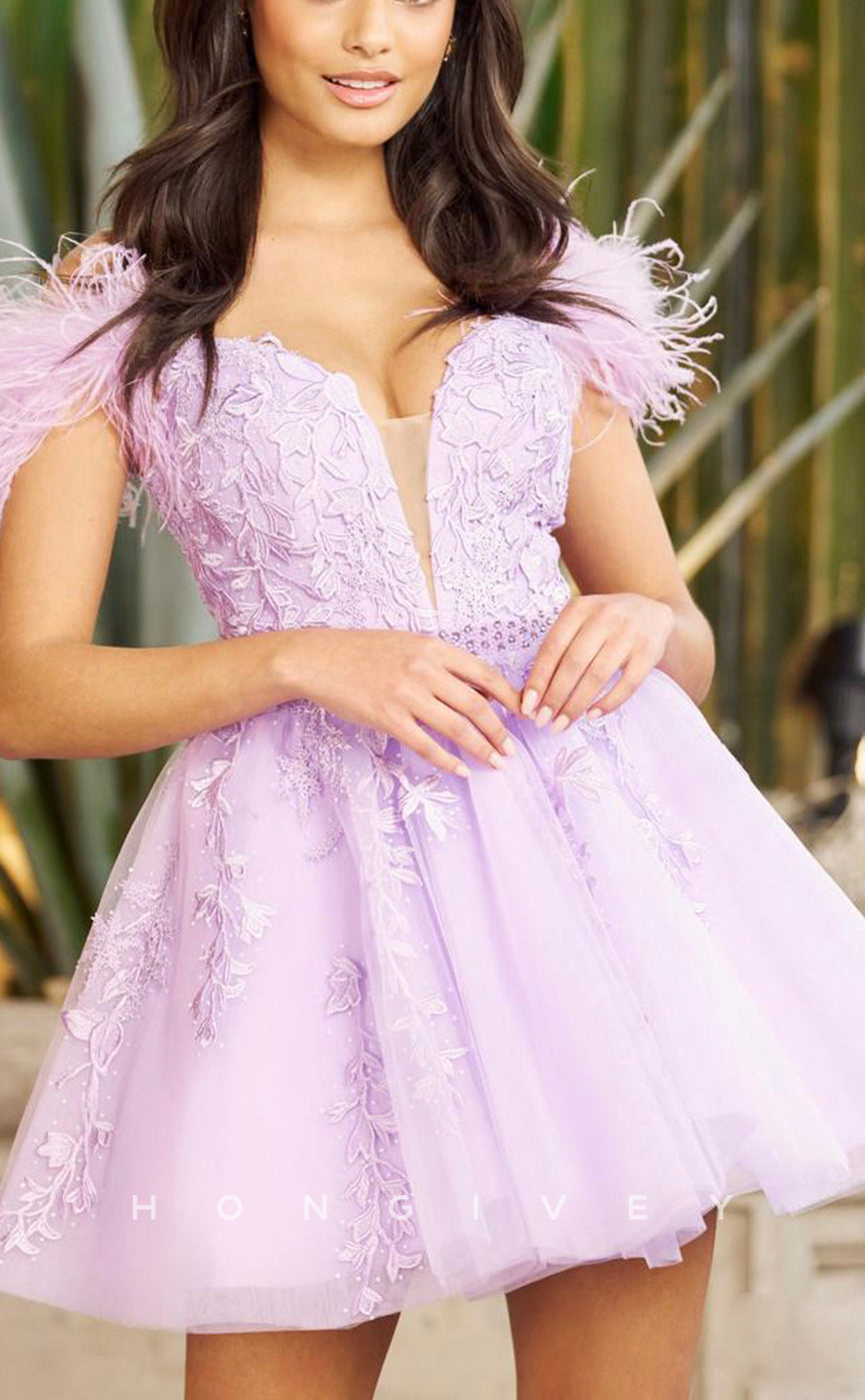 H1623 - Floral Appliqued Plunging Illusion Feathered Homecoming Graduation Dress - Fashionpara