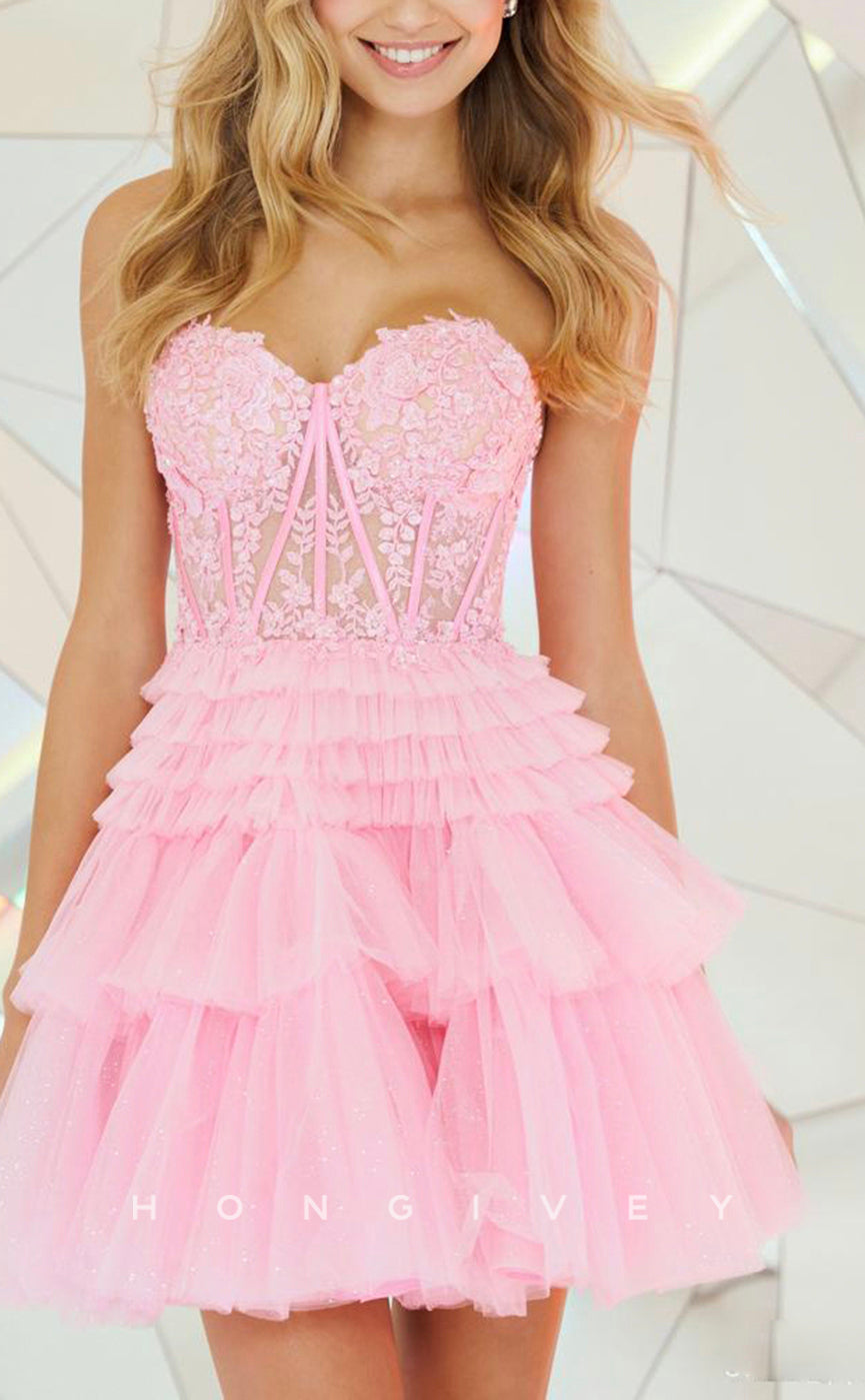 H1627 - Sweet Lace Applique Strapless Sheer Short Party Homecoming Dress - Fashionpara