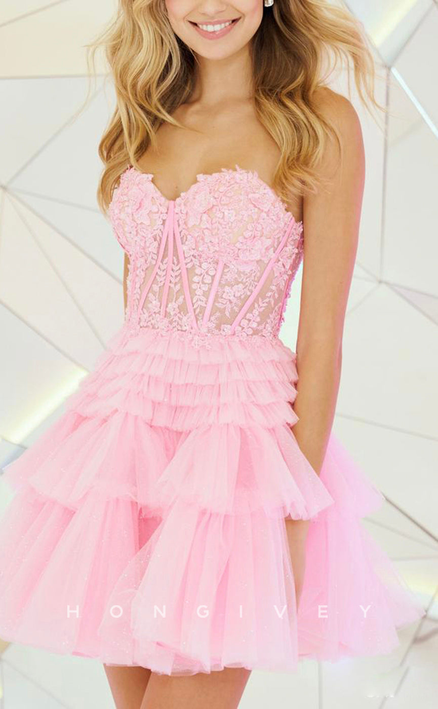 H1627 - Sweet Lace Applique Strapless Sheer Short Party Homecoming Dress - Fashionpara