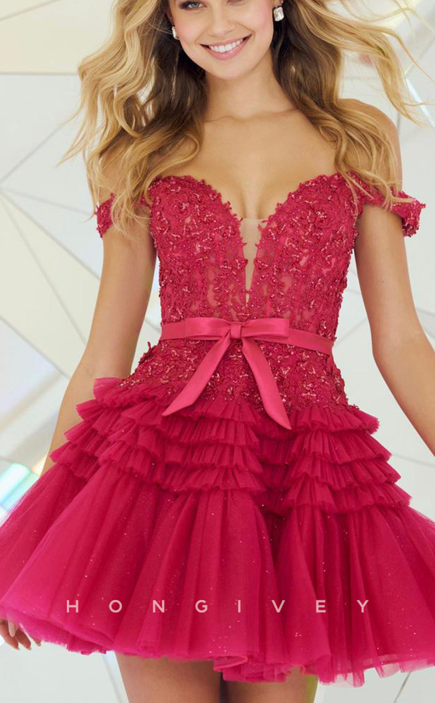 H1630 - Sweet Lace Applique With Bow Detail Plunging Illusion Short Homecoming Party Graduation Dress - Fashionpara