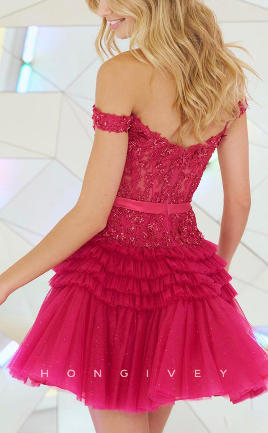H1630 - Sweet Lace Applique With Bow Detail Plunging Illusion Short Homecoming Party Graduation Dress - Fashionpara