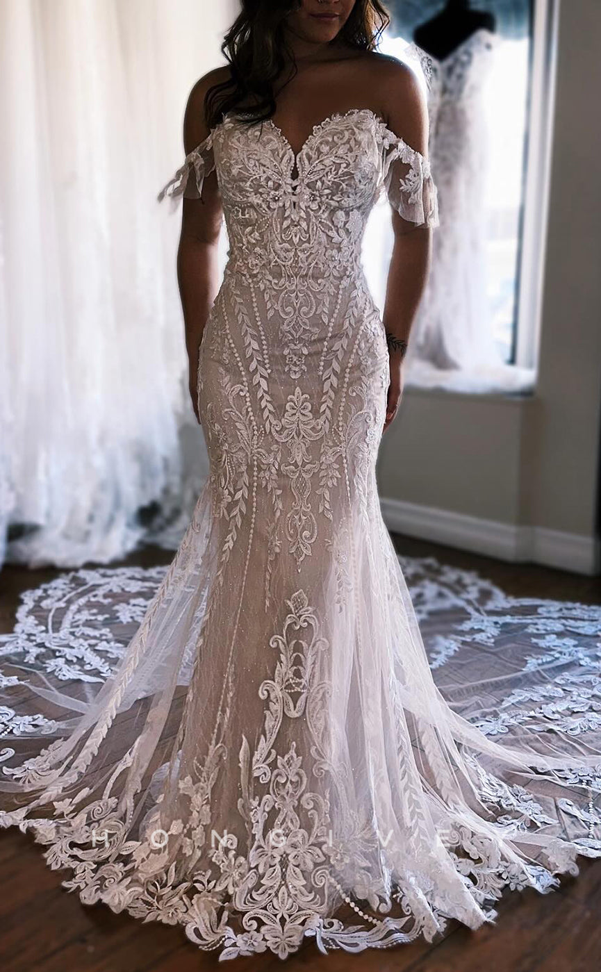 H1637 - Classic Lace Trumpet Sweetheart Off-Shoulder Empire Appliques With Train Boho Wedding Dress - Fashionpara