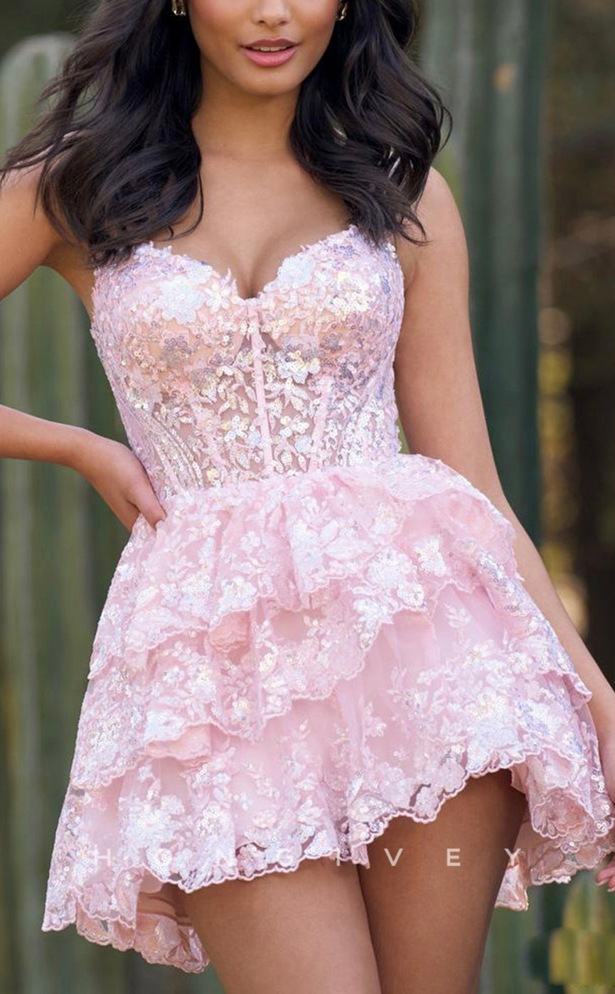 H1640 - Cute Illusion Fully Sequined Lace Applique Cake Short Homecoming Party Graduation Dress - Fashionpara