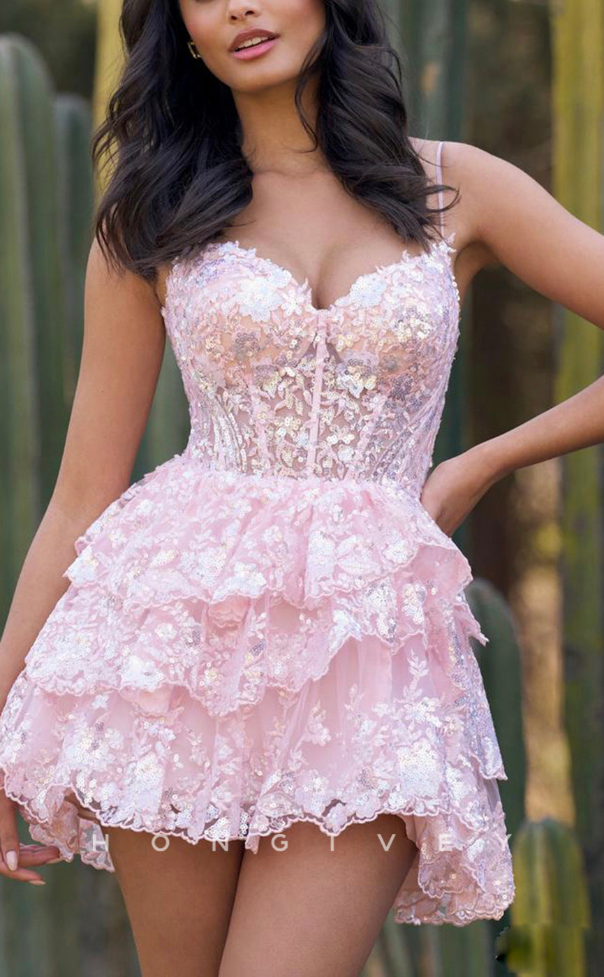 H1640 - Cute Illusion Fully Sequined Lace Applique Cake Short Homecoming Party Graduation Dress - Fashionpara