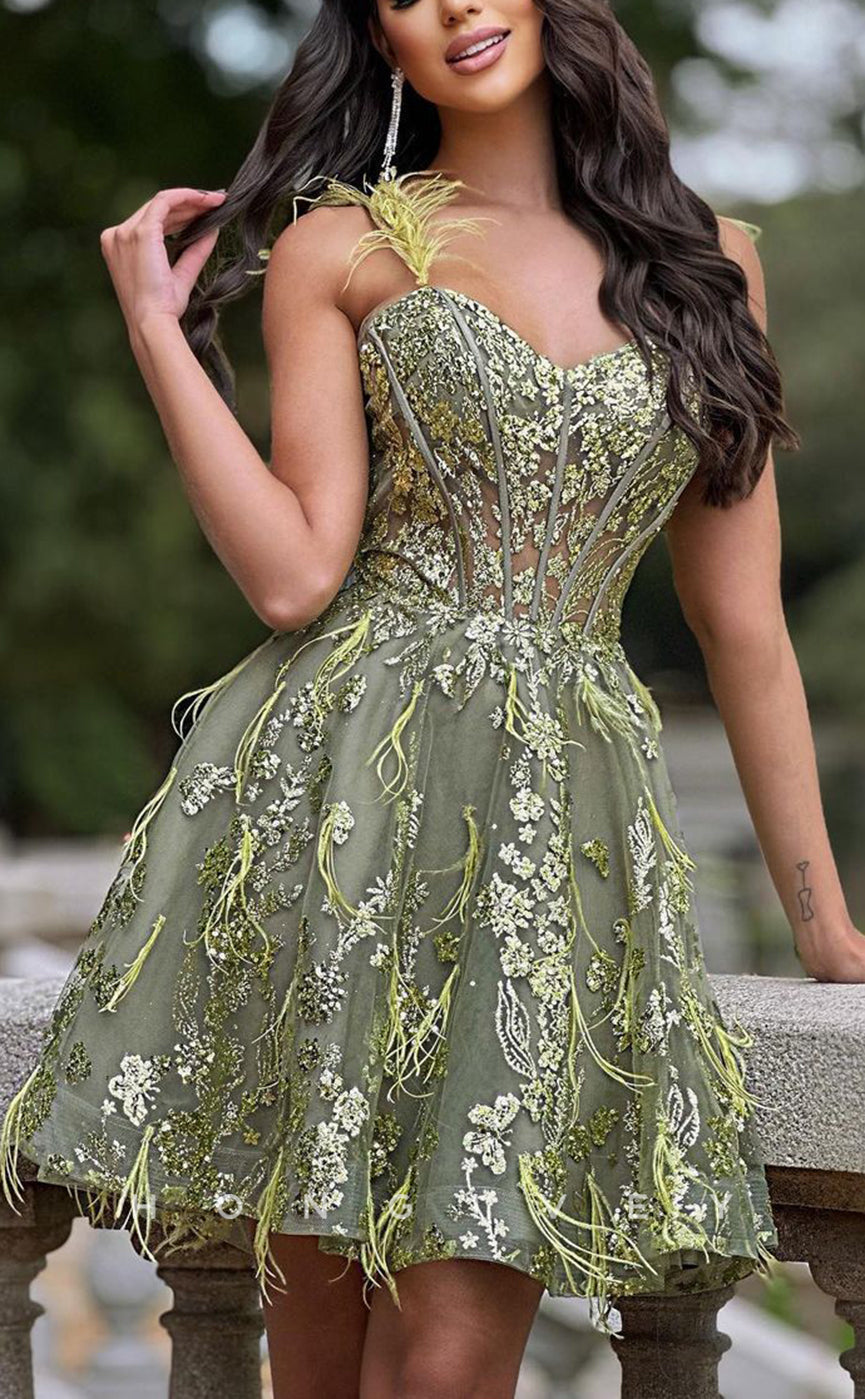 H1642 - Illusion Fully Lace Applique Feathered Short Homecoming Party Cocktail Dress - Fashionpara