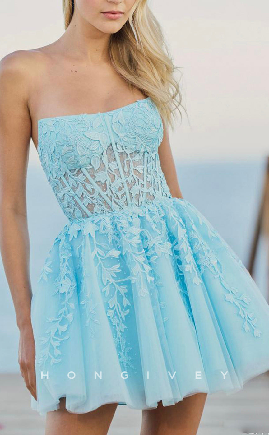 H1645 - Illusion Fully Lace Applique Foliage Short Homecoming Party Graduation Dress - Fashionpara