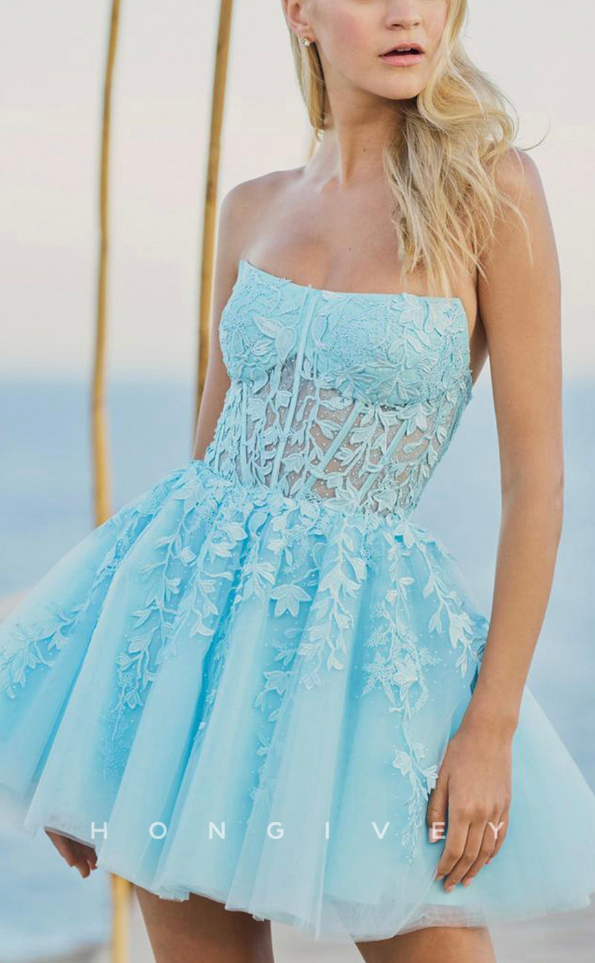 H1645 - Illusion Fully Lace Applique Foliage Short Homecoming Party Graduation Dress - Fashionpara