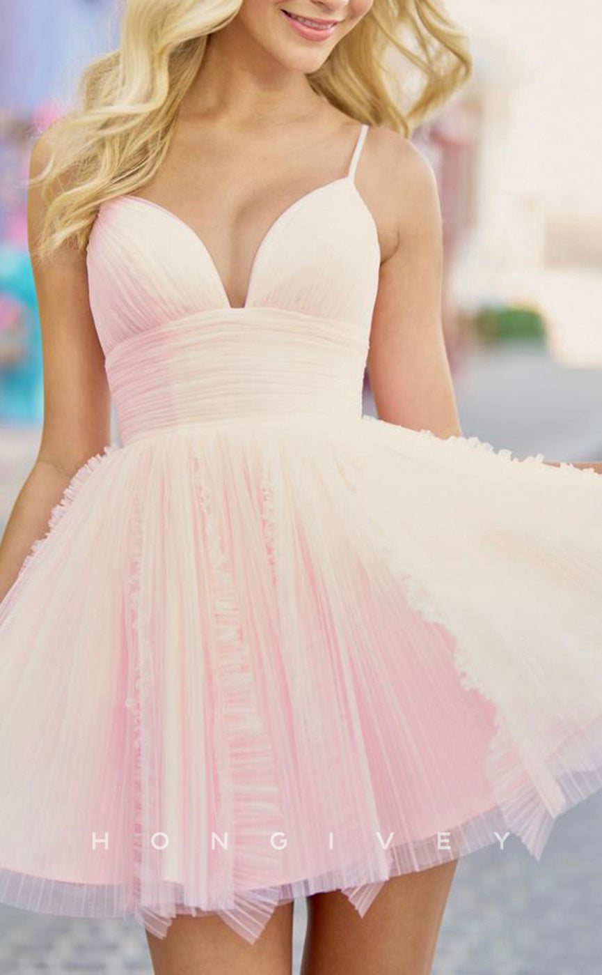 H1648 - Sweet V-Neck Open Back Tulle Short Homecoming Party Graduation Dress - Fashionpara