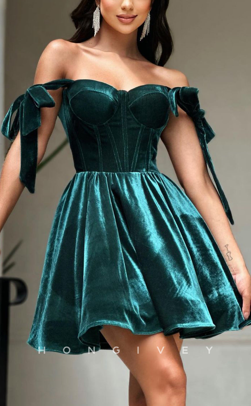 H1651 - Velvet With Bow Detail Halter short Homecoming Graduation Party Dress - Fashionpara