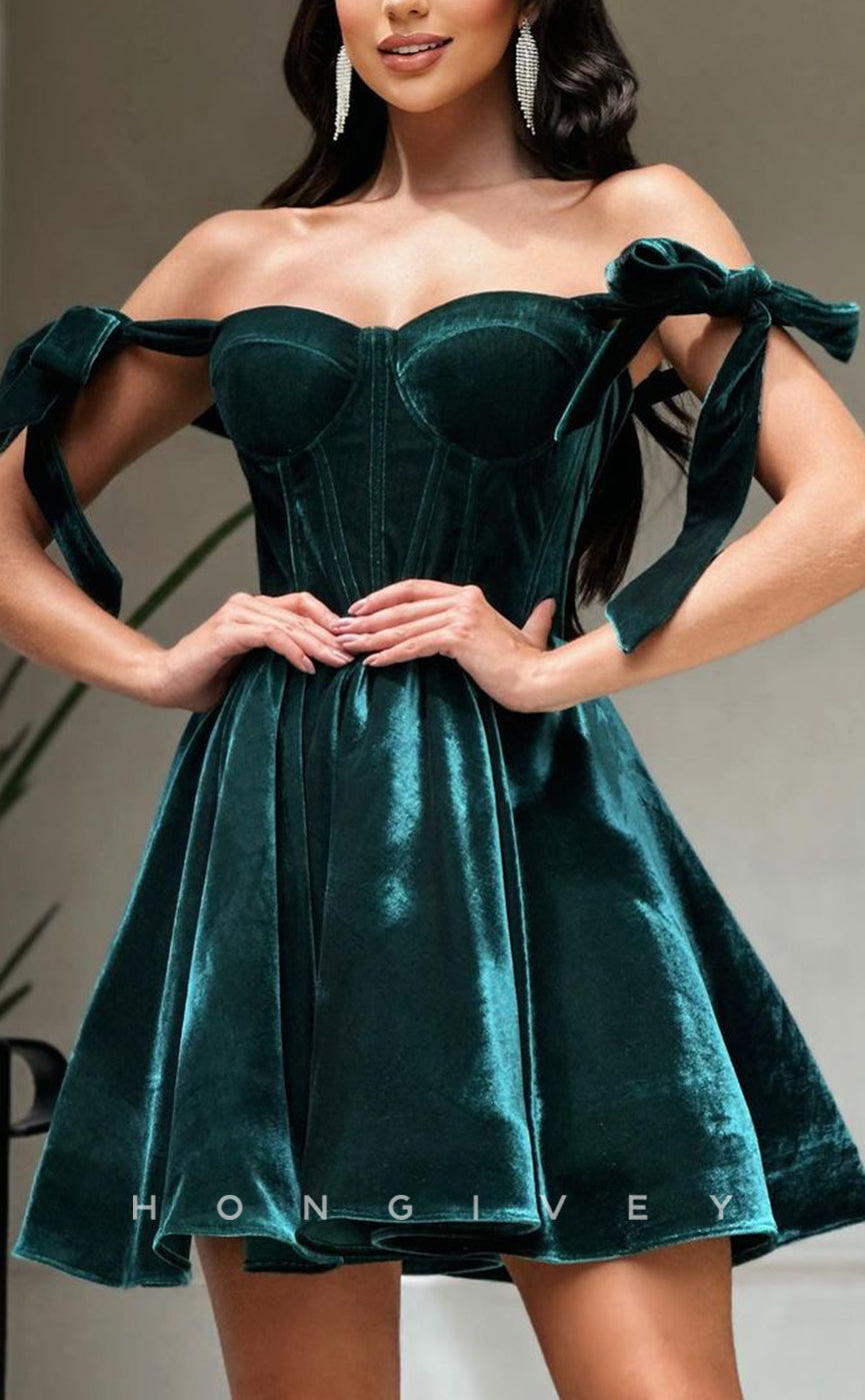 H1651 - Velvet With Bow Detail Halter short Homecoming Graduation Party Dress - Fashionpara