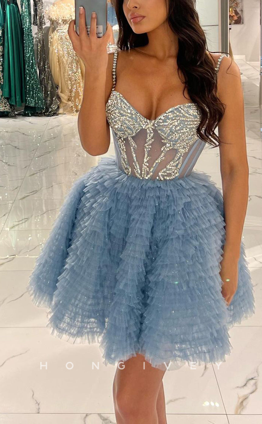 H1652 - Sparkly Sweet Rhinestone Embellished Illusion Short Homecoming Party Graduation Dress - Fashionpara