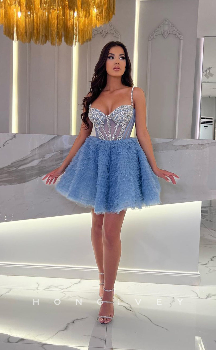 H1652 - Sparkly Sweet Rhinestone Embellished Illusion Short Homecoming Party Graduation Dress - Fashionpara
