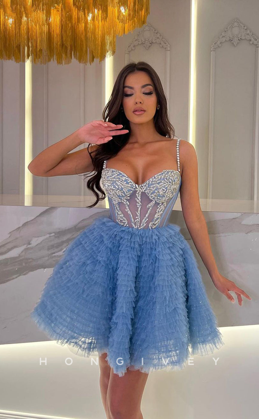 H1652 - Sparkly Sweet Rhinestone Embellished Illusion Short Homecoming Party Graduation Dress - Fashionpara