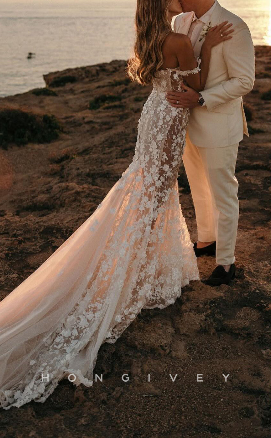H1659 - Chic Lace Trumpet Off-Shoulder Illusion Appliques With Tulle Train Boho Wedding Dress - Fashionpara