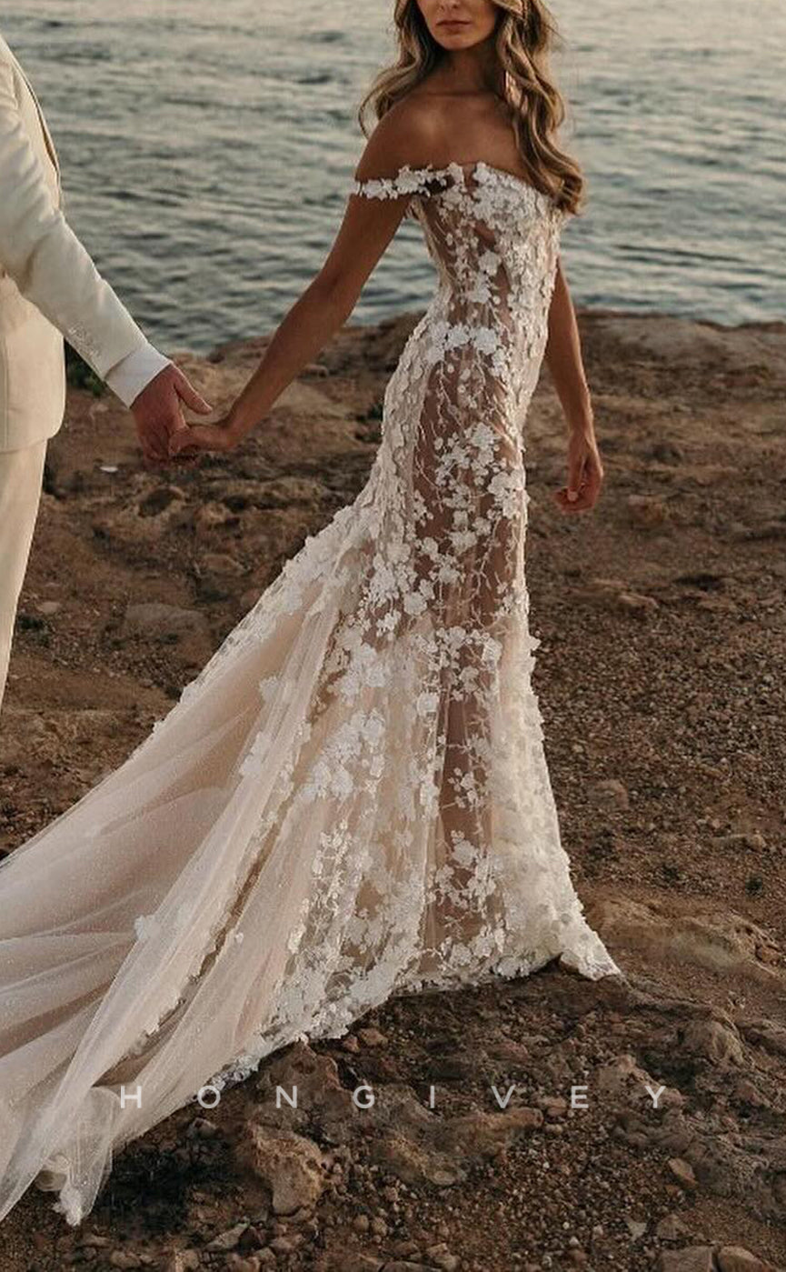 H1659 - Chic Lace Trumpet Off-Shoulder Illusion Appliques With Tulle Train Boho Wedding Dress - Fashionpara