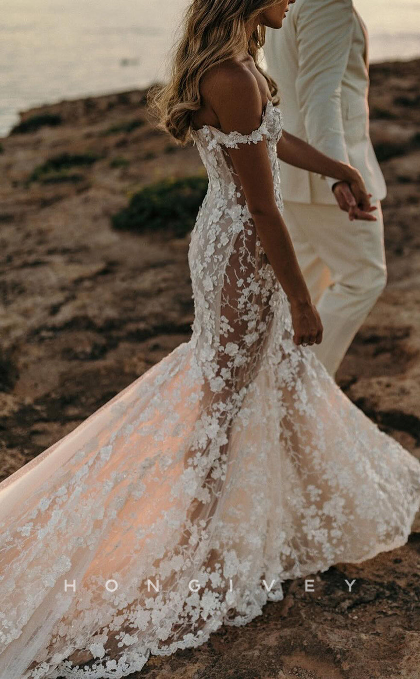 H1659 - Chic Lace Trumpet Off-Shoulder Illusion Appliques With Tulle Train Boho Wedding Dress - Fashionpara